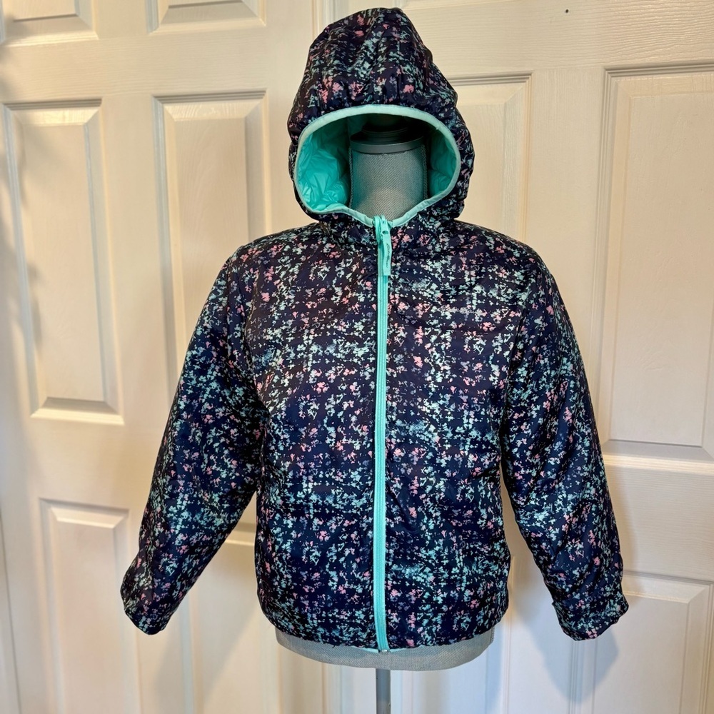 EDDIE BAUER Girls Reversible Down Hooded Puffer Outdoor Jacket L 14/16 Aqua Navy